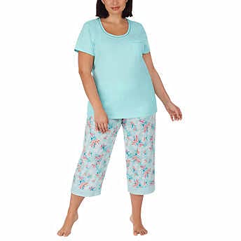 Image of Carole Hochman Women's 4-Piece 100% Cotton Pajama Set - V-Neck T-Shirt, Tank, Capri Pants & Shorts with Drawstring & Pockets