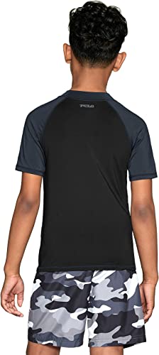 Tsla Upf 50+ Youth Kids Rash Guard Short Sleeve, Uv/Spf Surf Swim Shirt, Aqua Water Swimsuit Top, Short Sleeve Rashie Black & Charcoal, 10 #TOP2