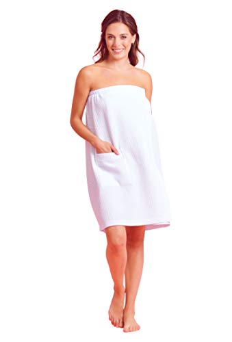 Premium Cotton Women’s Lightweight Knee Length Spa/Bath Waffle Body Wrap with Pocket Adjustable