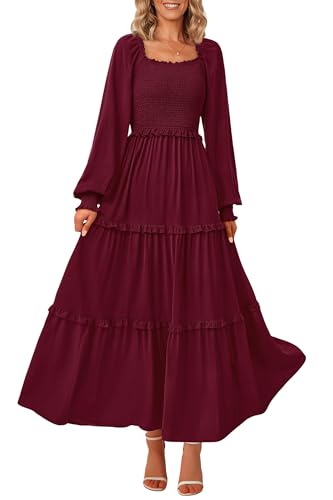 PRETTYGARDEN Fall Wedding Guest Dresses for Women 2025 Long Sleeve Square Neck Tiered A Line Modest Elegant Flowy Dresses