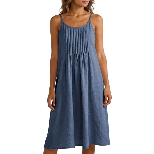 Image of Zeiayuas Linen Dress for Women UK Sleeveless Strappy Summer Dresses Elegant Spaghetti Strap Plain Midi Dress Bohemian Beach Holiday Vacation Flowy Dresses Ladies Solid Color Casual Sundress Navy
