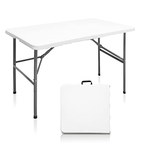 Mesa plegable de 4 pies, mesas plegables resistentes para interiores y exteriores, mesa de comedor de plástico portátil plegable con asa para picnic, fiesta, camping (4 pies)