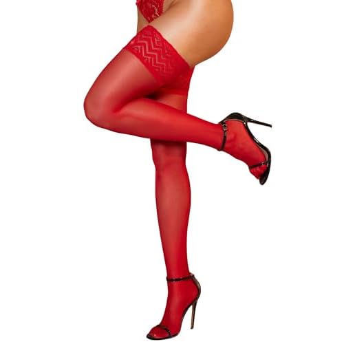RSLOVE Lace Top Thigh High - Stockings for Women Sheer Stockings Antiskid Silicone Stay Up Pantyhose Sexy Lingerie for Women One Size Red