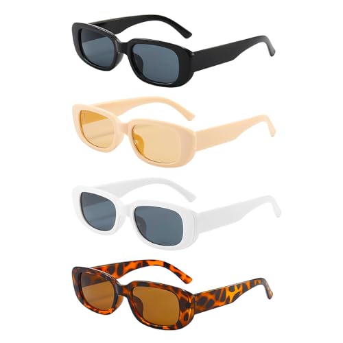 Exquisite Collection of 4 Unique Colored Retro Rectangle Sunglasses for Women – Perfect for Beach ，Driving and Casual Outfits 4 Pack