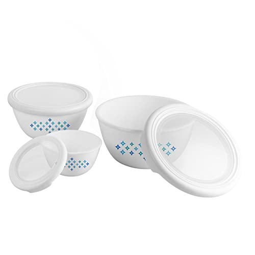 CELLO Opalware Royale Mixing Bowl Set with Lid(500ml, 1000ml,1500ml), Red Lotus, 3pcs, White