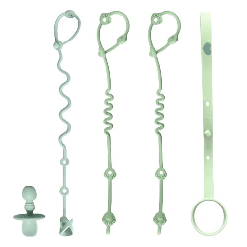 Image of Toy Straps for Baby, 5 Pack Spoon Toy Bottle Bungees with Toddler Utensil, Silicone Pacifier Clips Harness Straps for High Chair, Strollers, Shopping Trolley,Cars,Hanging Baskets,Cribs,Bags-All Green