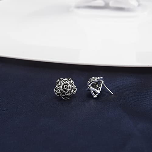 Jadeangel 925 Sterling Silver Rose Marcasite Stud Earrings And Handcraft Sculpted Pink Cubic Zirconia Gardenias Cuff Bracelet For Women #TOP2