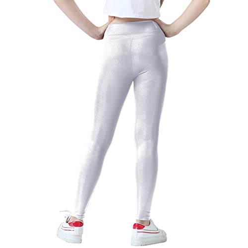 Jinhiteam Girls Metallic Active Leggings 11-12 Years Silver Sparkly Shiny Stretchy Active Pants Silver Color For Youth Teen #TOP3