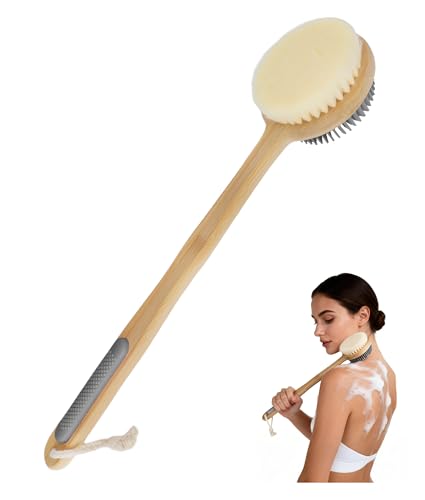 Image of EaTubano Back Scrubber for Shower - Double-Sided Silicone and Super-Dense Bristles for Deep Cleaning & Exfoliation, Bamboo Long Handle with Wider Anti-Slip Grip, Rich Foam, Durable (Grey)