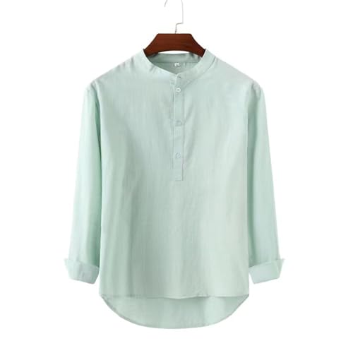 WSLCN Camisa masculina de algodão e linho Henley manga longa hippie casual praia, Verde, XGG