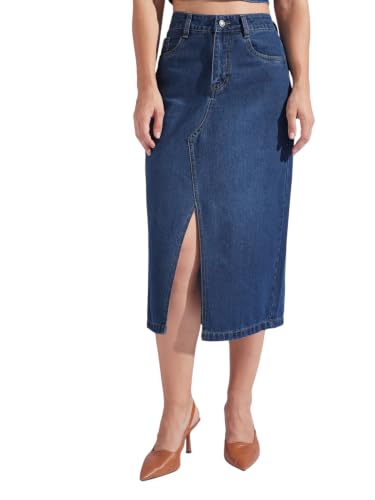 Image of Miss Chase Women's Regular High Rise Above Knee Stretchable Denim Skirt