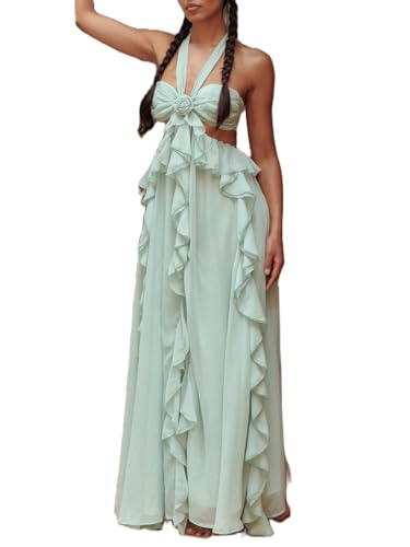 Image of Women Y2k Backless Long Dress Halter Tie Neck Maxi Dress Flowy Beach Sundress Summer Streetwear