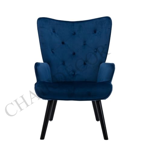Image of Velvet Wingback Accent Chair for Living Room | Luxury High Back Tufted Armchair with Glossy Metal Legs | Modern Velvet Upholstered Lounge Chair for Home & Office | 1 Pc (Blue)