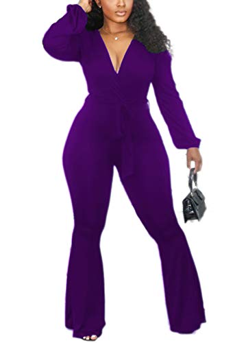 OLUOLIN Women's Sexy Long Sleeve Bodycon Solid Outfits Club Rompers Jumpsuits One Piece Outfits Purple