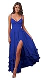 Floral Carmen Printed Chiffon Prom Dress with Silt Spaghetti Straps Ball Gown Ruffle Hem Long Formal Evening Party Dress Royal Blue