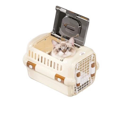 RAKU ペットキャリー ダブルドア 扉左右開閉 トップオープン IATA基準 超小型犬・猫用 片手で開閉 大空間 取っ手 スノコ 給餌ボウル付き 航空機対応 シート敷き可能 ドライブ 旅行 災害時 (ベージュ, S)の商品画像（Amazon）