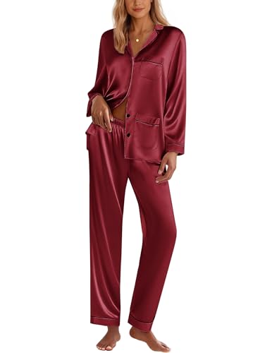 Image of Ekouaer Pajamas for Women Silk Satin Button Down Long Sleeve Pajama Sets