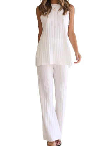 LANBAILAN Two Pieces Outfits Sleeveless Top Knit Sets Trendy Lounge