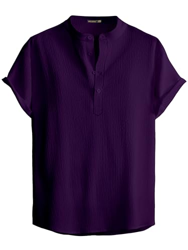 Image of Men Shirt | Black Solid Textured Casual | Regular Fit | Short Sleeve | Mandarin /Chinese Collar | Cotton Fabric | Stylish Office Summer Wear Shirt for Men