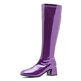 MAIERNISI JESSI Women's Gogo Boots Knee High Mid Block Heel Zipper Ladies Party Dance Boots Purple 43 - US 10.5