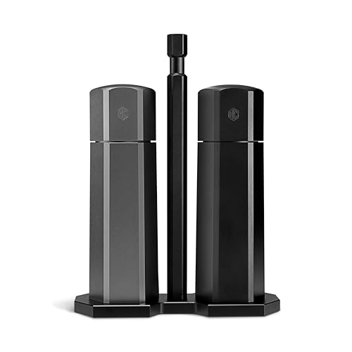 Image of HexClad HexMill Tabletop Salt and Pepper Grinder Set with Stand, 10 Adjustable Grind Settings, High-Efficiency Burr, Solid Milled Aluminum Build, Easy-Fill Cap, Convenient 5.25 inch Size for Tabletop Use