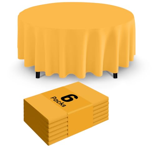 Image of Smiry Disposable Table Cloth - 6 Pack, 84 Inch Round Waterproof Tablecloths for Parties, Decorative Plastic Table Cover, Leakproof & Sturdy, Mustard Yellow