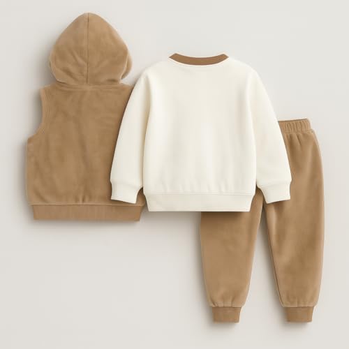 Image of Bold N Elegant Cotton Blend Cute Cartoon Bear Graphics Winter Warm Sweatshirt Hood Jacket And Jogger Pant 3 Pc Layering Clothing Set For Infant Toddler Kids