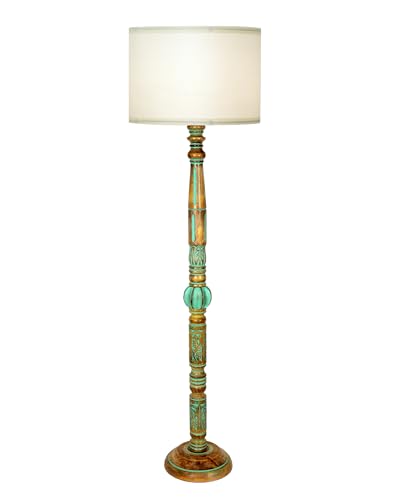 Image of Homesake Royal Carving Antique Algae Finish Wooden Floor Lamp for Living Room | Light Decor for Home Corner Lamp for Living Room Bedroom Floor Lamp, Antique Standing Lamp, KD Off-White Drum Shade