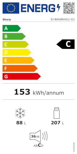SHARP SJ-BA09RHXLC-EU Réfrigérateur/Congélateur C, NoFrost, partie réfrigérateur : 207 L, compartiment congélateur : 88 L, commande électronique, 1 bac à légumes et fruits, 2 tiroirs congélateur, look