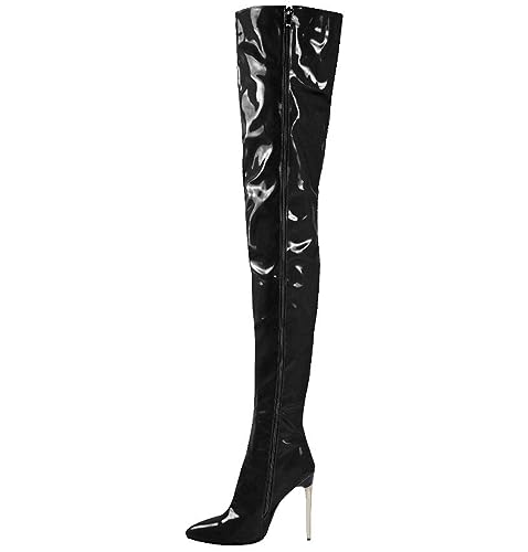 OTMYIGO Thigh High Boots Women Fashion Artificial PU Over the Knee Boots Dance Ladies Shoes Knee High Women Side zipper Boots Plus Size,Black,38