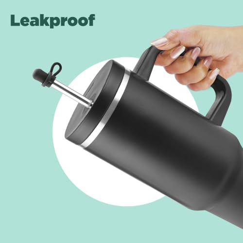 Image of Milton My Tumbler 1200 Thermosteel Double Wall Vacuum Insulated Stainless Steel Tumbler with Handle 1100ml,Leak Proof Travel Mug with Straw,Silicon Cap Cleaning Brush, Hot & Cold Beverage Flask, Black
