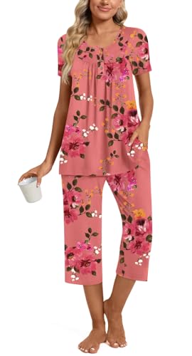 Image of Womens Summer Pajama Sets 2 Piece Short Sleeve Top and Capri Pants Plus Size Ladies Lounge Pjs Sets with Pockets