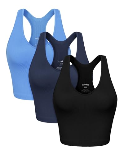 ODODOS 3-Pack Seamless Racerback Crop Tank for Women Ribbed Knit Soft Crop Tops