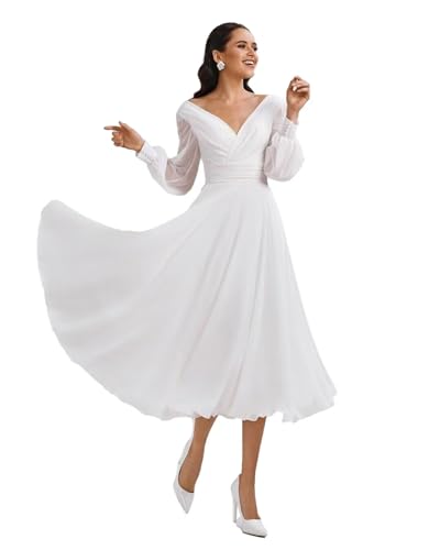 Women's Long Sleeves Tea Length Wedding Dress for Bride Chiffon V Neck A Line Midi Bridal Dress for Women