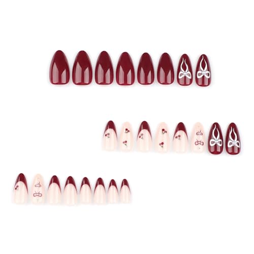 Image of Red French Tip Press on Nails Cherry Fake Nails Short Almond False Nails with Pearl Design Bow Glue on Nail Glossy Artificial Acrylic Full Cover Nude Stick on Nail for Women Manicure 24Pcs