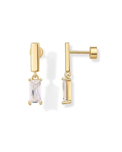 PAVOI 14K Gold Plated Sterling Silver Posts Mini Bar Drop Dangle Flatback Earrings for Women | Dainty Helix Cartilage Piercing Jewelry | Baguette Bezel Marquise Pearl Cubic Zirconia Screwback Stud Earrings