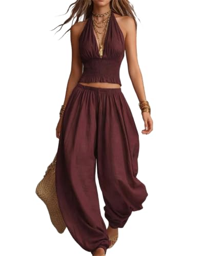 Conjunto de lino para mujer de diseño sofisticado con cuello halter estilizado