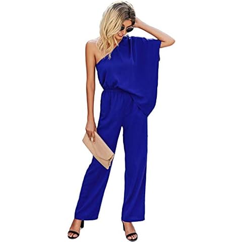 Glamaker Women's One Off Shoulder Jumpsuit Casual Loose Elastic Waist Wide Leg Pants Slanted Long Rompers - blue - S Cover