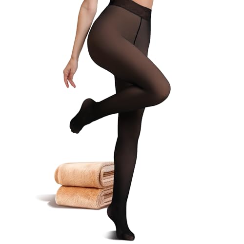 JIZ Translucent Fleece Lined Tights Women, Thermal Tights for Women, Pantyhose Leggings, Warm Sheer Tights for Women Winter (Large, Dark Black)