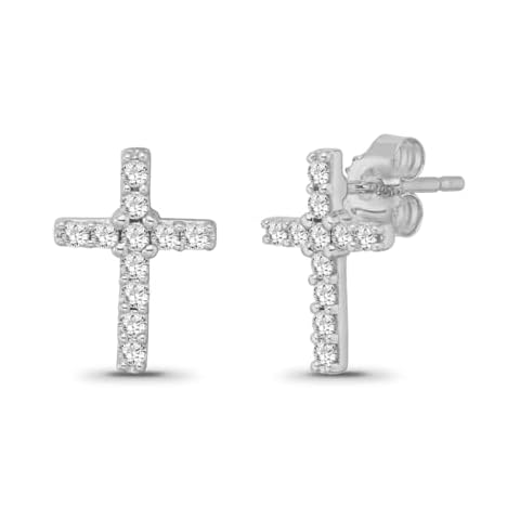 ARAIYA FINE JEWELRY 10K White Gold Round-shape Diamond Cross Stud Earrings for Women (1/4 cttw, I-J Color, I2-I3 Clarity) Cover