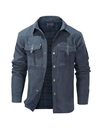 Image of Haellun Men's Flannel Lined Shacket Long Sleeve Plaid Western Cowboy Snap Button Down Shirts Jackets with Pockets