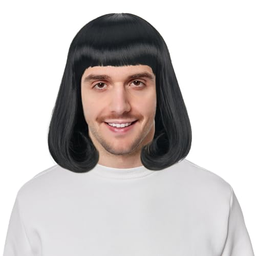 M MISS U HAIR Unisex Short Straight Black Bob Wig with Bangs Adult Funny Wig for Cosplay Costume Party