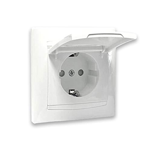Base schuko empotrada con tapa, 16A, ideal para instalaciones eléctricas en paredes y muebles, proporciona conexión segura y ordenada.