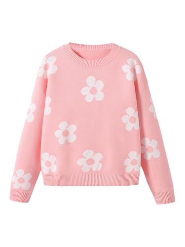 Image of BEAUDRM Girl's Cute Bow Sweater Crew Neck Long Sleeve Drop Shoulder Loose Pullover Tops