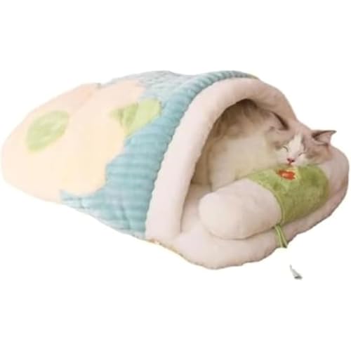 BIBAPU 猫ベッド 猫ハウス ドーム型 ペットベッド 猫寝床 猫の巣 暖かい寝袋 体重7.5kg以内に対応 ふわふわ 柔らかい 貝殻型 桜柄 可愛い 保温防寒 冬寒さ対策 直立したデザインで 自由な出入り 犬猫兼用 滑り止め 洗える (グリーン)