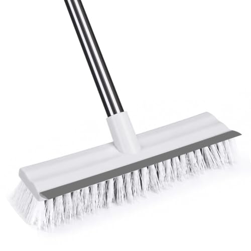 Lumora Floor Scrubbing Brush with Squeegee and 51-Inch Adjustable Long Handle, 2 in1 Scrape Brush Stiff Bristle Floor Scrubber for Cleaning Shower Bathroom Garage Kitchen Wall Deck Tub Tile