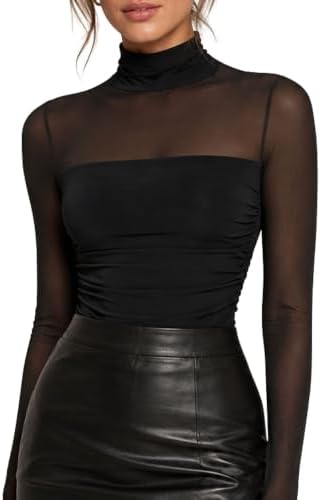 As Fairy Damen Langarm Netz Rollkragen Bodysuit Sexy Shaping Top | Hochelastischer Spitzenbody mit Druckknöpfen, Figurformend Club Rave Alltag Dates