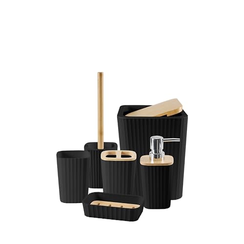 VANTORIA Bathroom Accessories Set 6 Pieces Toilet Brush Soap Dispenser Toothbrush Holder Cup Soap Dish Trash Can (Black SQ New)