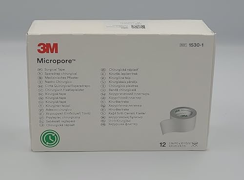 Micropore Surgical Tape | 3M icropore Surgical Tape | Medical Tape for Skin, Dressings and Face | First Aid Tape Suitable for Sensitive Skin Box of 12 Rolls (White, 2.5cm)