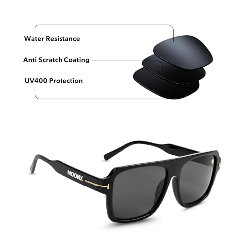 Image of MOONX Deepshift S1 UV Protected Square Sunglasses for Men & Women | Black PC Frame | Black Lens | Stylish Unisex Eyewear for Driving, Travel & Casual Outings